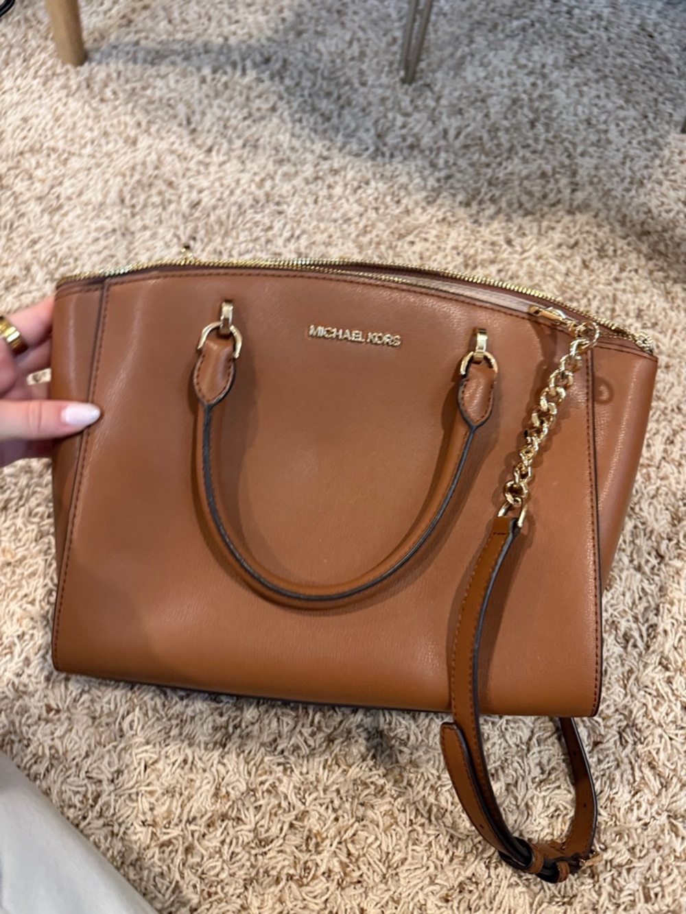 Michael Kors Tan Leather Satchel with Gold Chain Strap